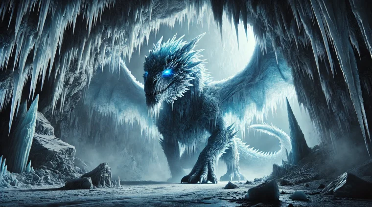 DALL·E 2025-02-20 18.11.02 - A giant blue frozen dragon emerging from an ice cave, ultra-realistic and cinematic. The dragon has icy scales, glowing blue eyes, and frost-covered w